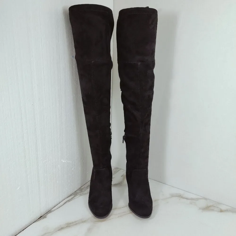 A New Day Black Microsuede Over The Knee Heeled Boots, Sz 7